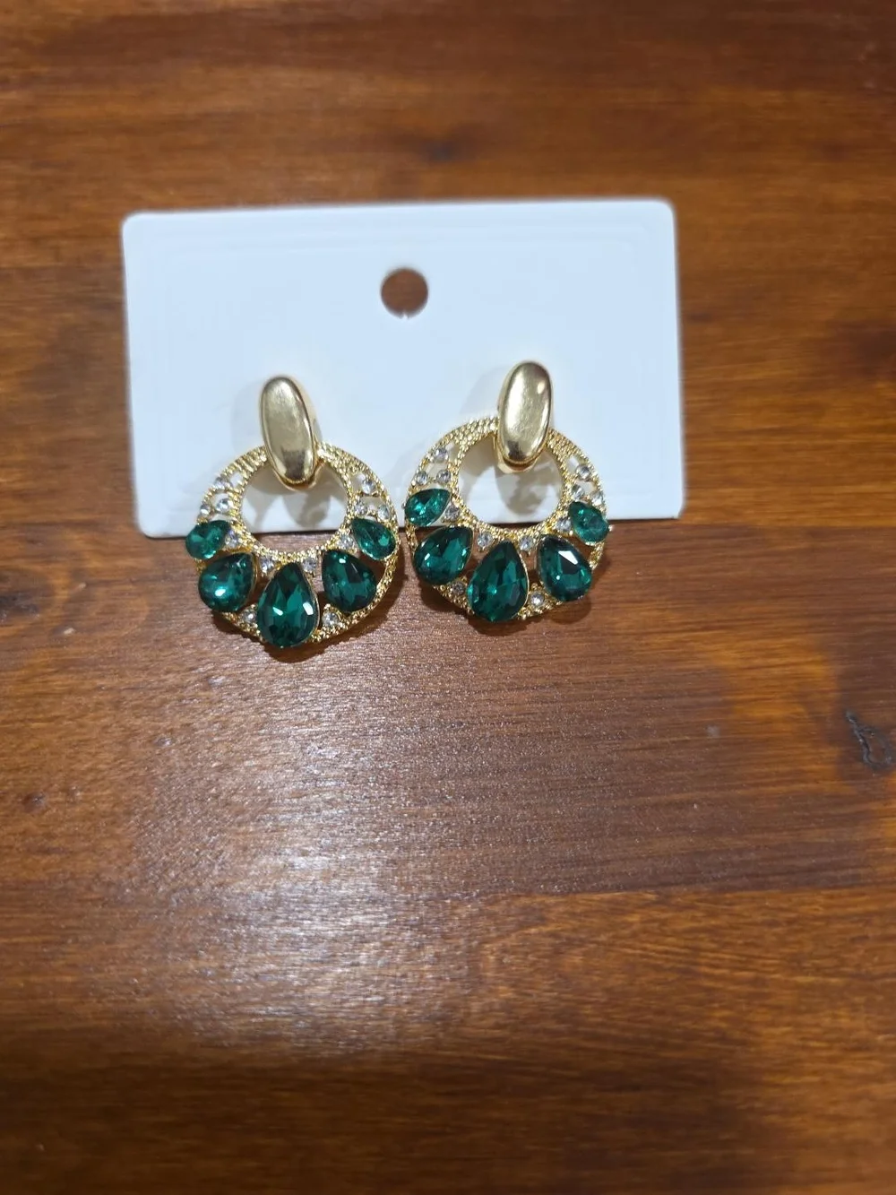 Gold Hoop Earrings with Emerald Green Stones